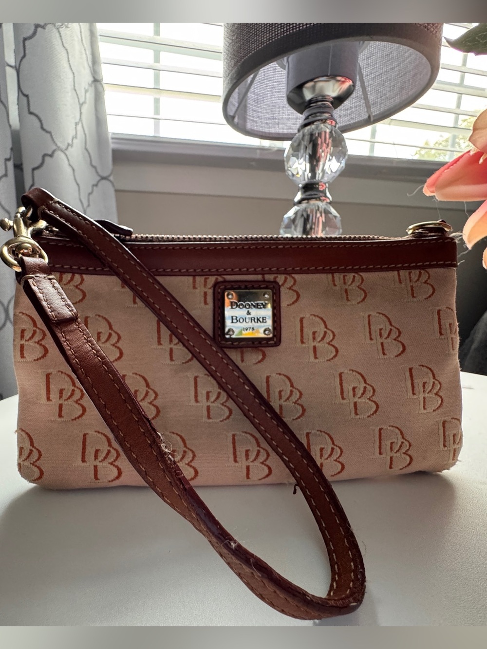 Dooney & Bourke Light Pinj Canvas Wristlet with Brown Leather Trim